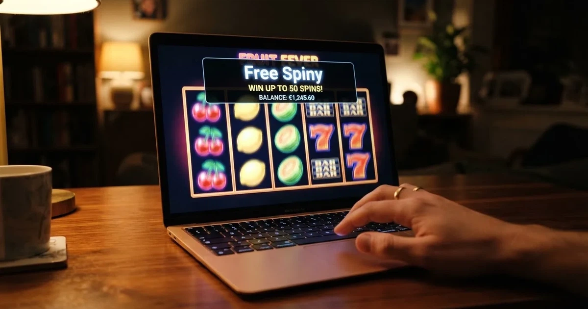 Roztočené válce hracího automatu s překrývajícím textem „Free spiny“ ve stylu online casino rozhraní