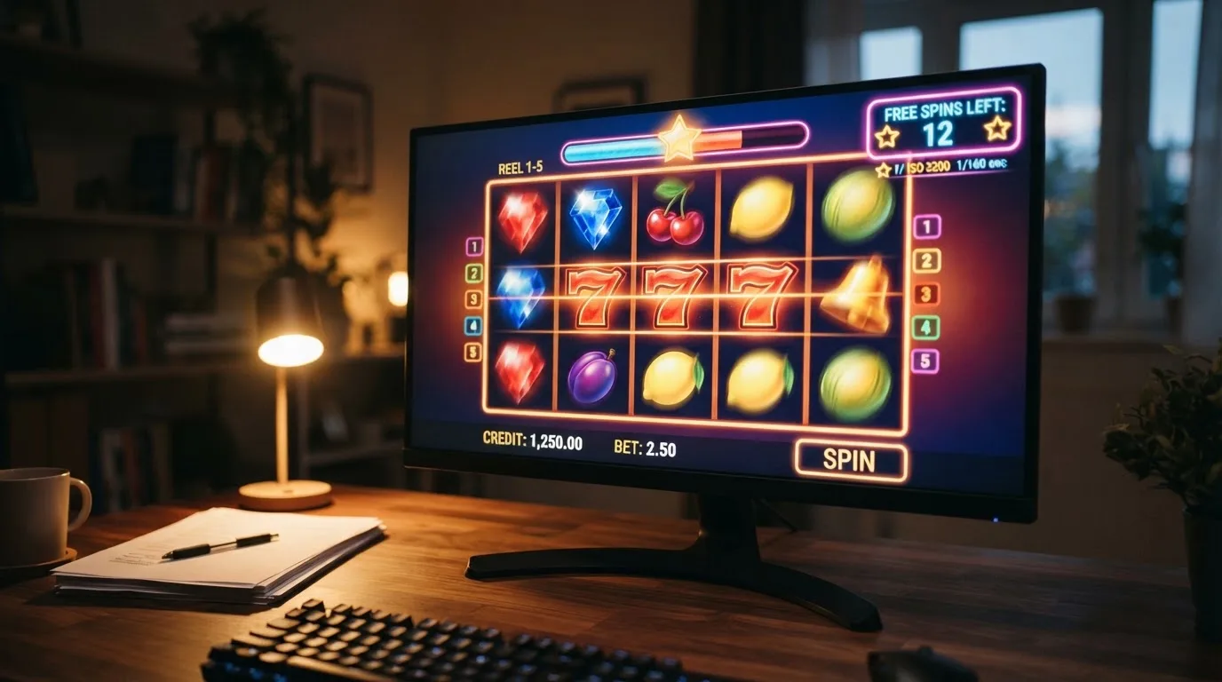 Válce online automatu s aktivní bonusovou hrou a ukazatelem volných zatočení