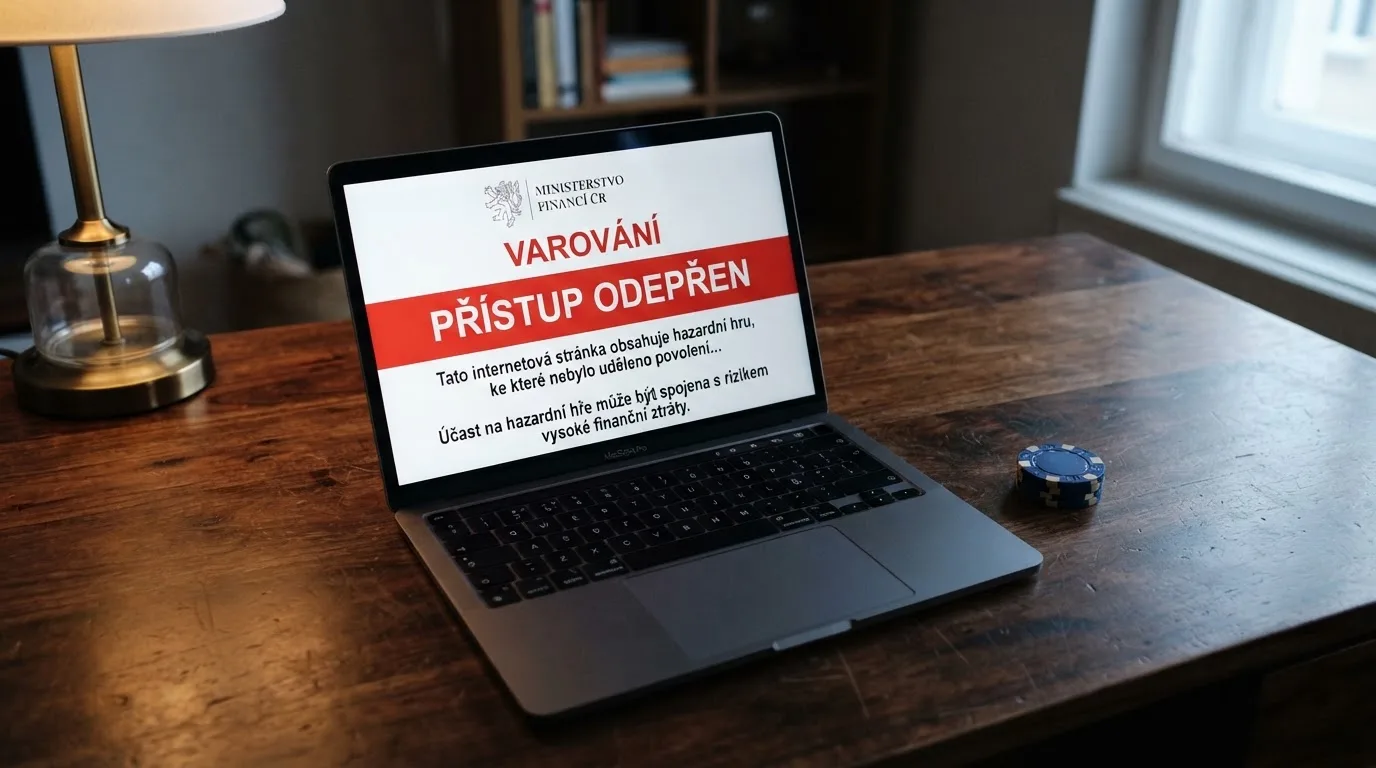 Úřední dokument s razítkem Ministerstva financí ČR vedle obrazovky s varovnou hláškou o blokaci domény.