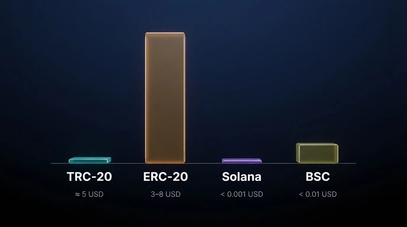 Infografika srovnávající čtyři blockchainové sítě — TRC-20, ERC-20, Solana a BSC — podle poplatku a rychlosti potvrzení transakce