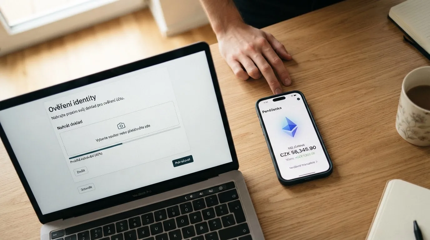 Obrazovka s ethereovou peněženkou vedle ověřovacího formuláře s nahráním dokladu totožnosti