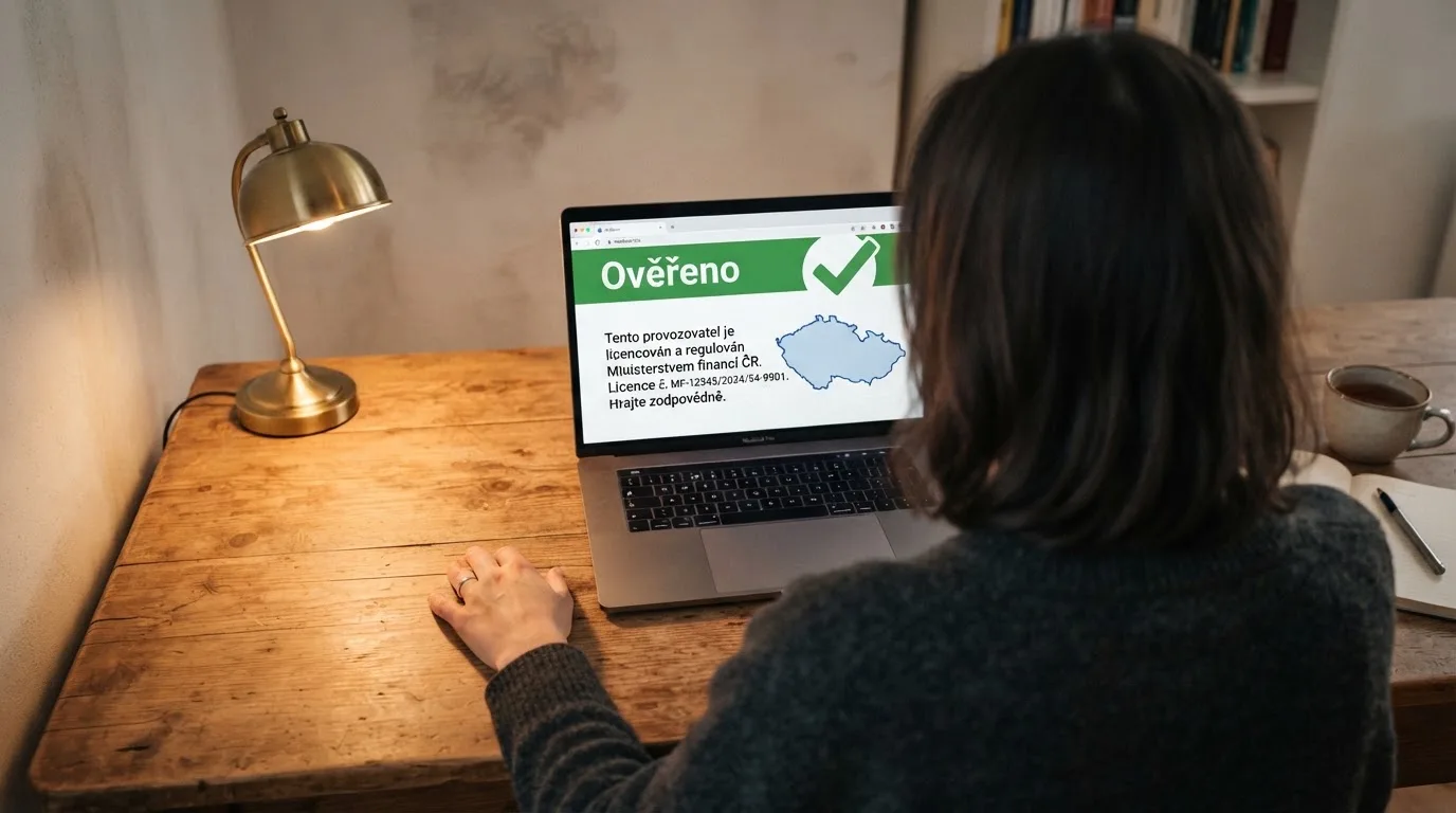 Úřední dokument s razítkem Ministerstva financí ČR vedle loga licencovaného online casina na displeji