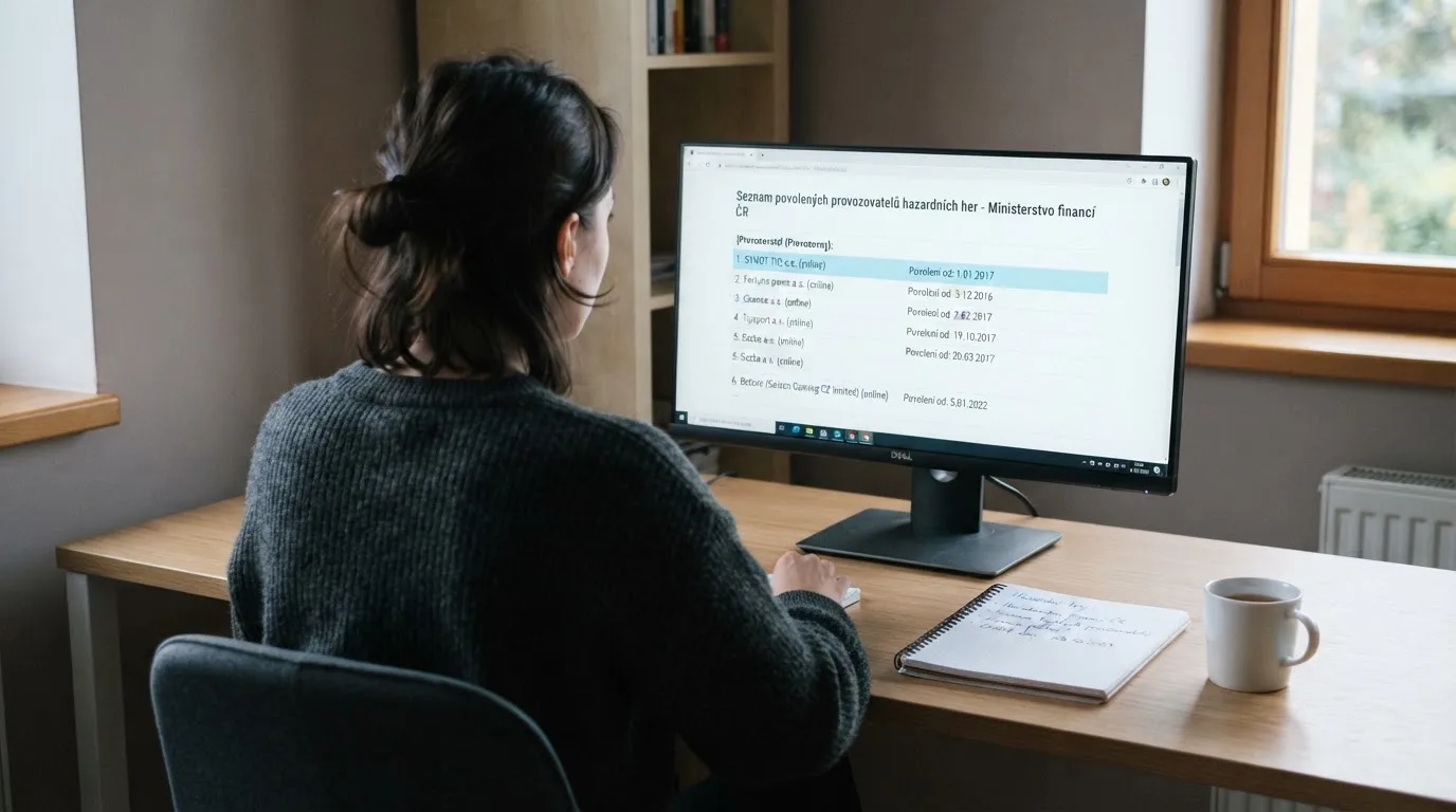 Úřední dokument s razítkem Ministerstva financí ČR vedle zobrazeného seznamu licencovaných online kasin na monitoru