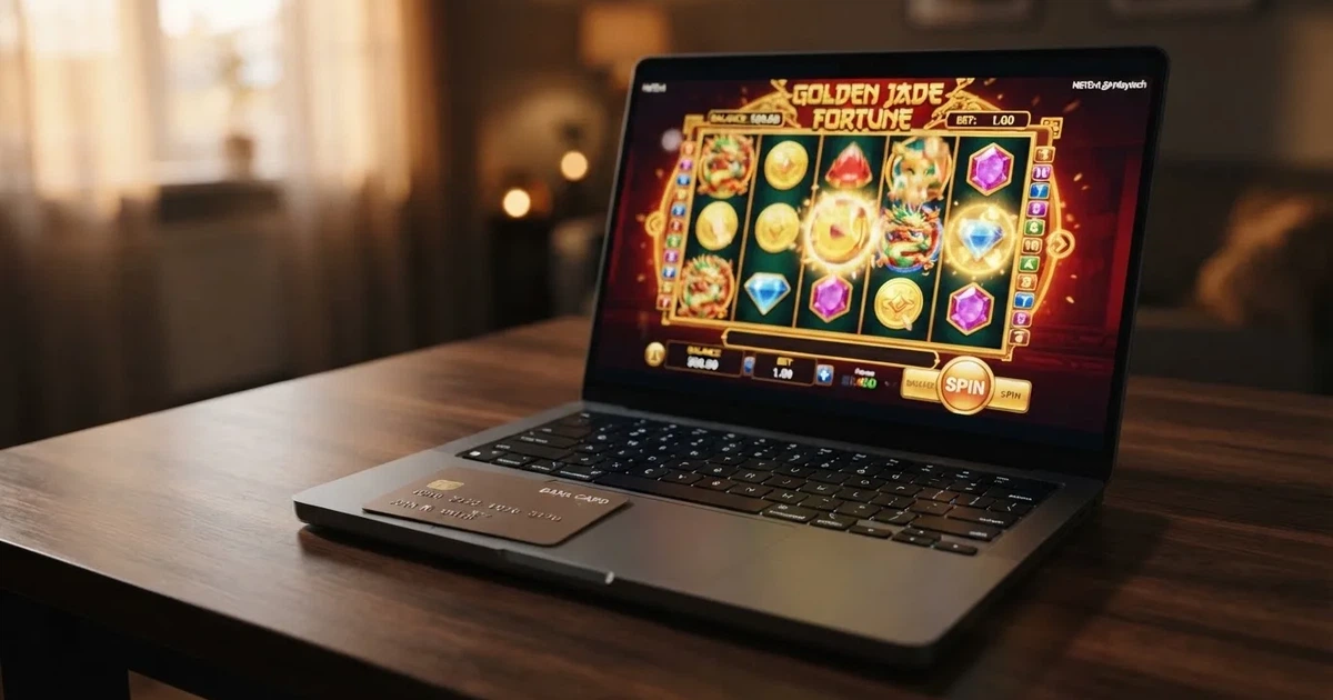 Platební karta Mastercard položená na klávesnici notebooku s otevřenou stránkou online casina na obrazovce