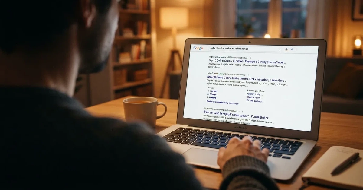 Výřez obrazovky s výpisem výsledků vyhledávání pro frázi „nejlepší online kasina za reálné peníze“, zobrazující různorodost zobrazených stránek — recenzní weby, seznamy kasin a diskuzní fóra