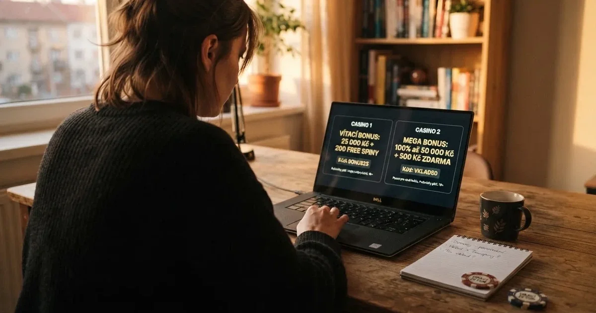 Hráč u notebooku porovnává nabídky zahraničních online casin s bonusem bez vkladu na obrazovce