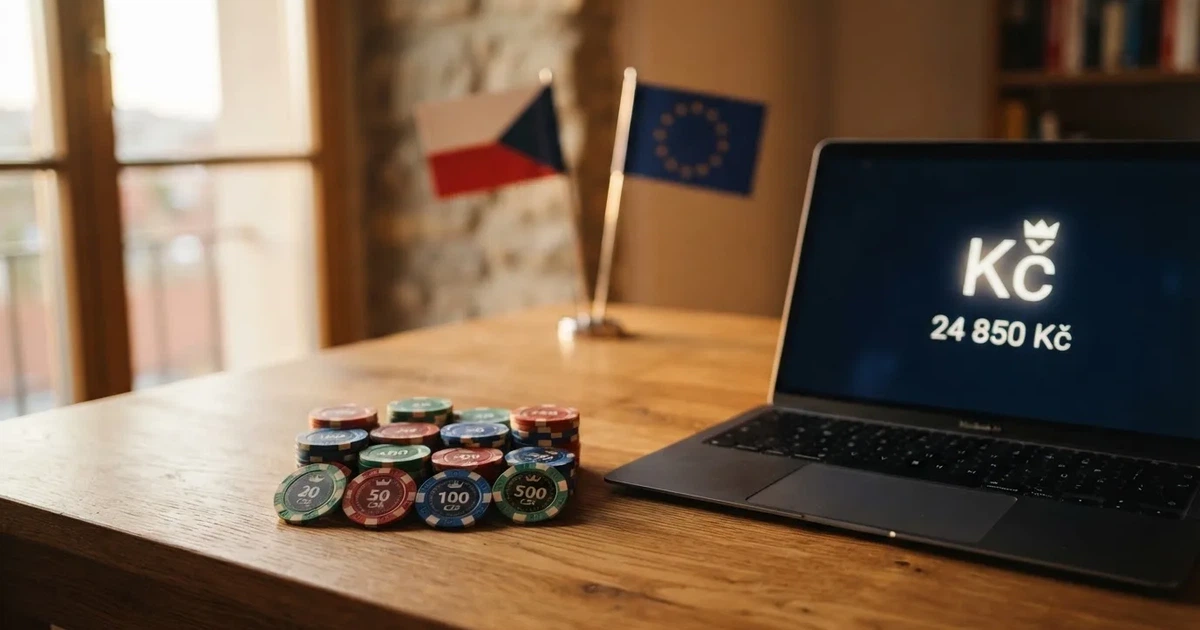 Srovnání casino žetonů a české koruny na monitoru s vlajkou EU a ČR v pozadí