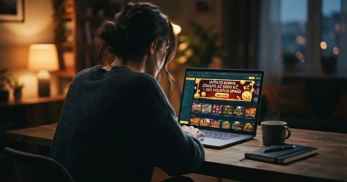 Úvodní obrazovka online kasina s nabídkou registračního bonusu pro nové hráče