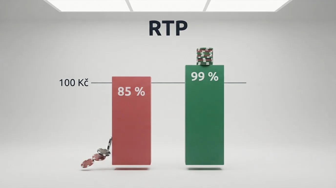 Graf nebo schéma porovnávající návratnost hráči: na jedné straně 85% RTP s odtokem žetonů, na druhé 99% RTP s minimální ztrátou