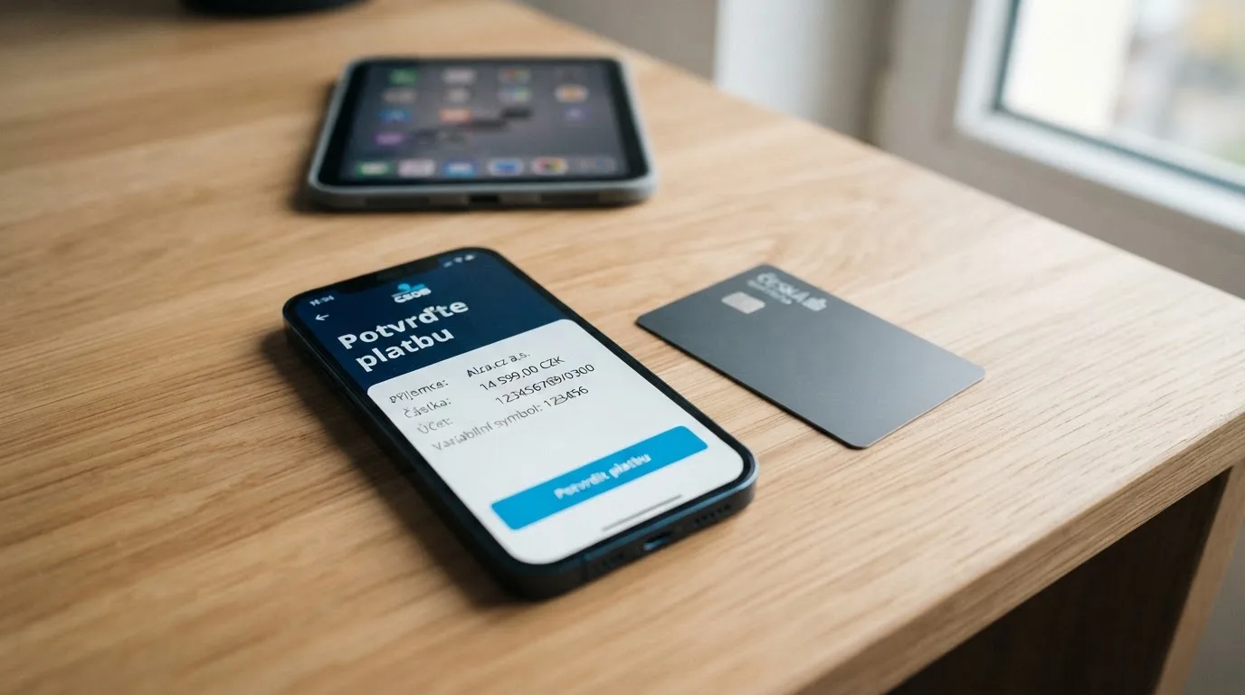 Mobilní telefon zobrazující potvrzovací obrazovku 3D Secure v bankovní aplikaci vedle platební karty