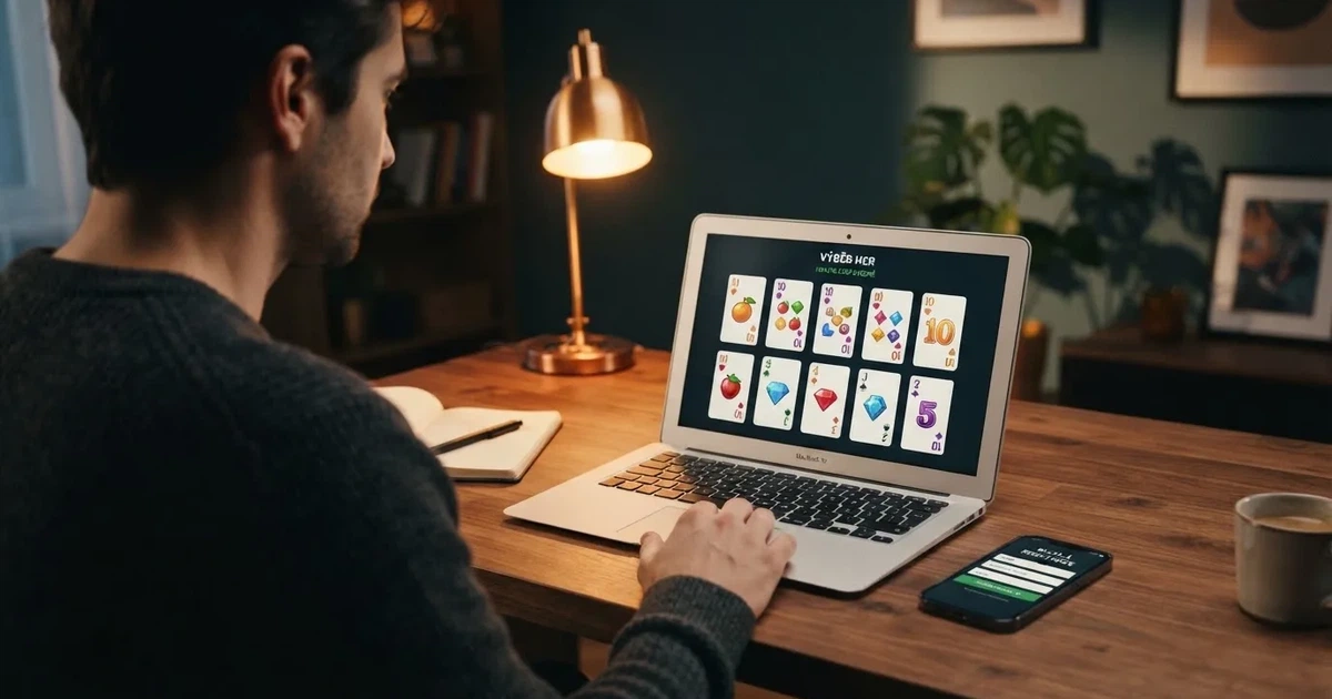 Hráč u notebooku si prohlíží srovnání online casin na obrazovce, vedle leží mobil s otevřenou registrační stránkou.