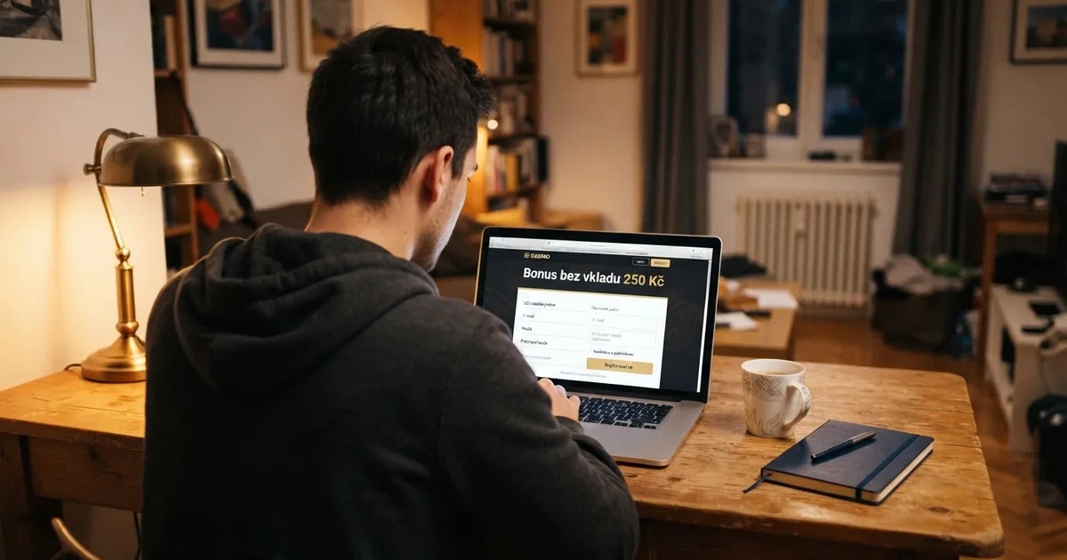 Hráč u notebooku si prohlíží registrační formulář online casina, na obrazovce je vidět nabídka bonusu bez vkladu.