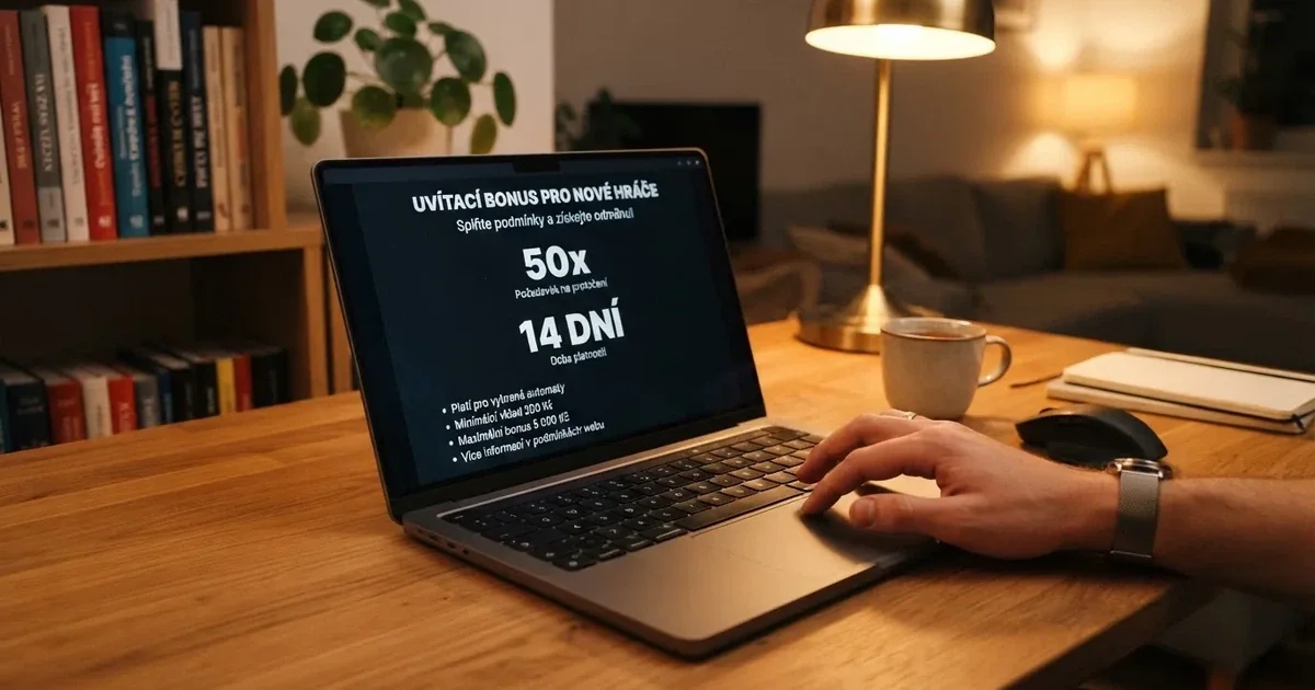 Hráč u notebooku si prohlíží podmínky registračního bonusu na webu online casina — na obrazovce jsou vidět čísla protočení a platnosti